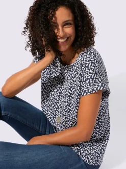 T-shirt imprimé à encolure passepoilée et mancherons décontractés