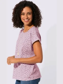 T-shirt imprimé à encolure passepoilée et mancherons décontractés