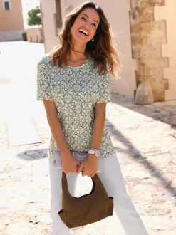 T-shirt imprimé à encolure ronde et manches courtes avec motifs fleuris