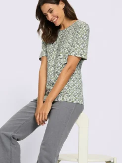 T-shirt imprimé à encolure ronde et manches courtes avec motifs fleuris