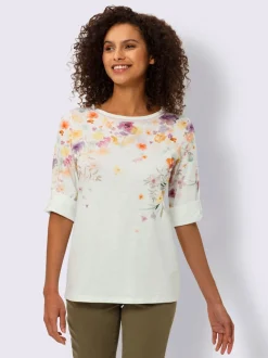 T-shirt imprimé floral avec col rond et manches retroussables