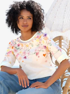 T-shirt imprimé floral avec col rond et manches retroussables