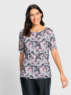 T-shirt imprimé motif feuilles encolure U manches mi-longues
