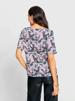 T-shirt imprimé motif feuilles encolure U manches mi-longues