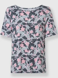 T-shirt imprimé motif feuilles encolure U manches mi-longues