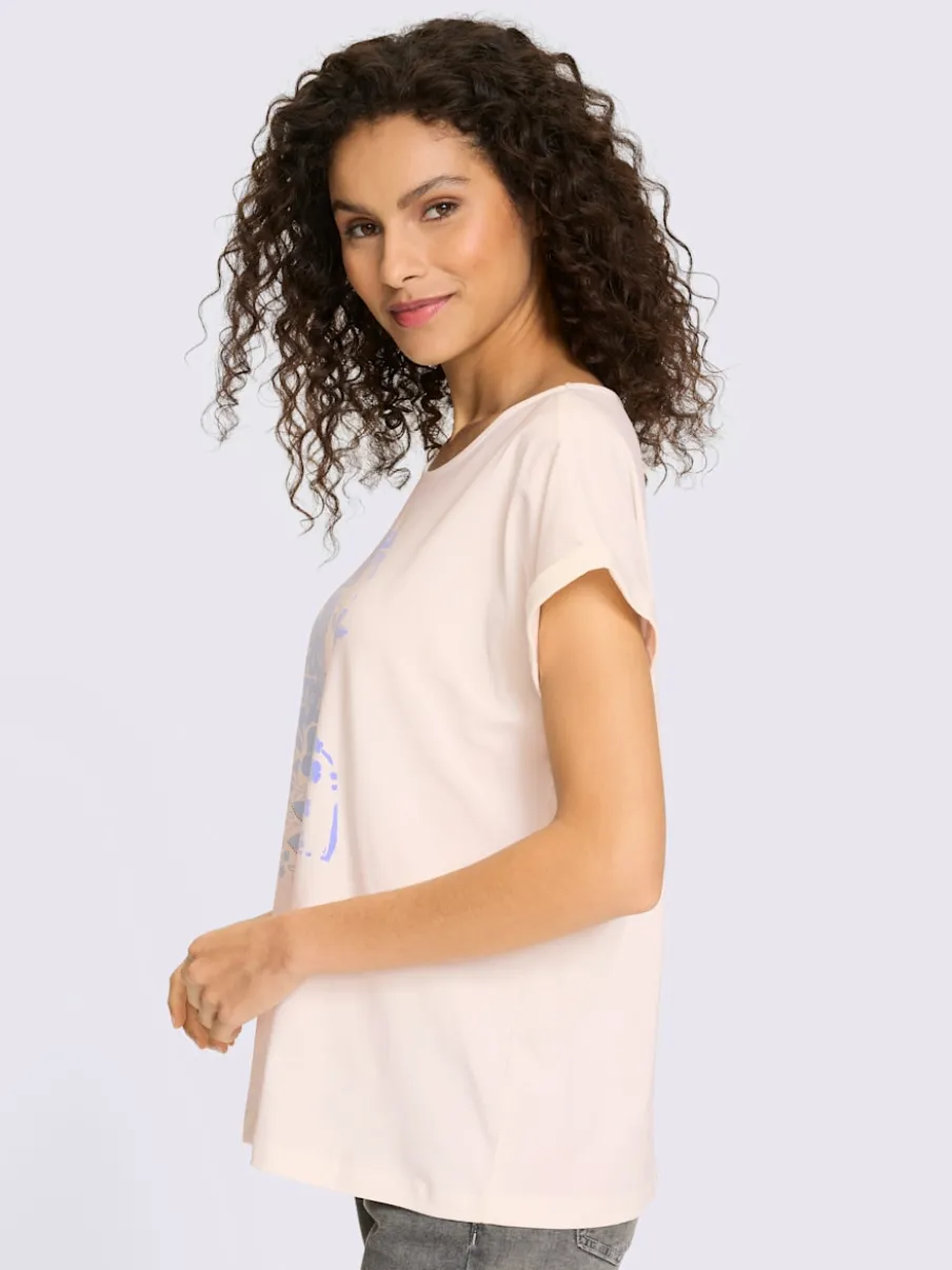 T-shirt imprimé visage moderne avec pierres brillantes encolure ronde