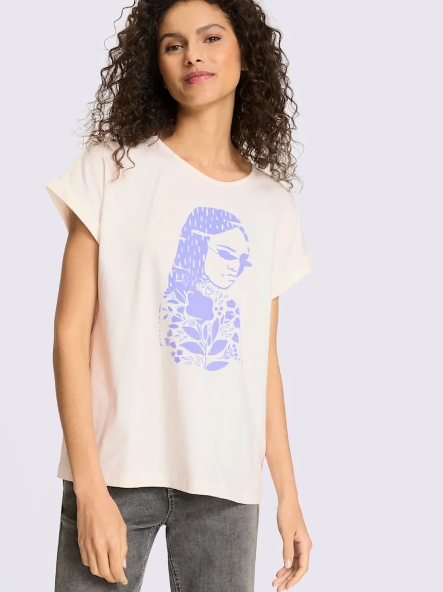 T-shirt imprimé visage moderne avec pierres brillantes encolure ronde
