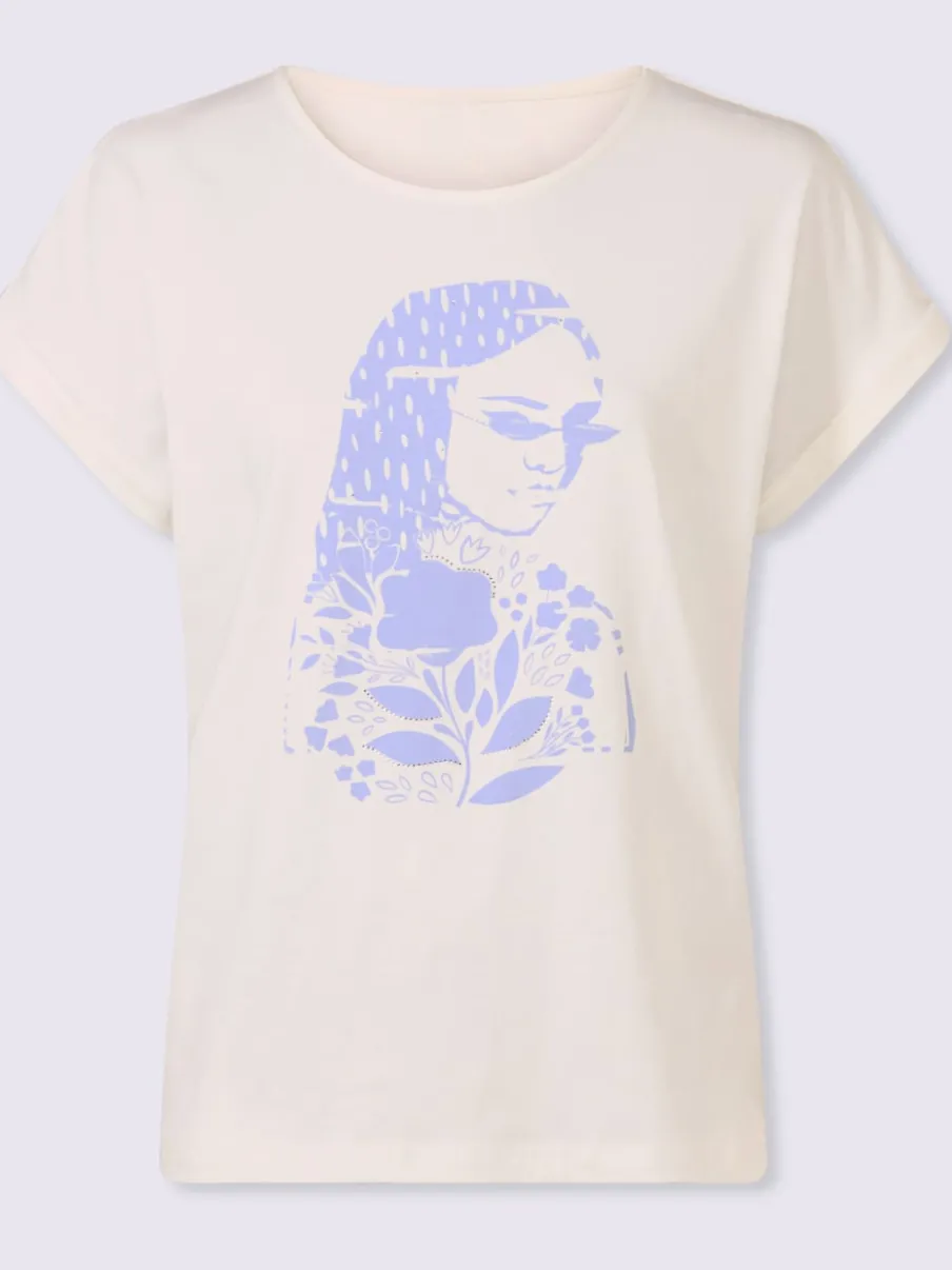 T-shirt imprimé visage moderne avec pierres brillantes encolure ronde