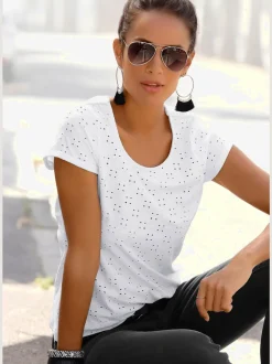 T-shirt léger à encolure ronde avec broderie ajourée et manches courtes