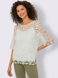 T-shirt léger en dentelle avec col rond et manches trompette