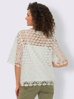 T-shirt léger en dentelle avec col rond et manches trompette