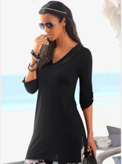 T-shirt long avec bordure dentelle et manches 3/4