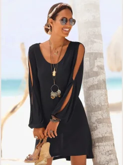 T-shirt long à encolure ronde avec manches fendues en viscose fluide