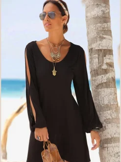 T-shirt long à encolure ronde avec manches fendues en viscose fluide