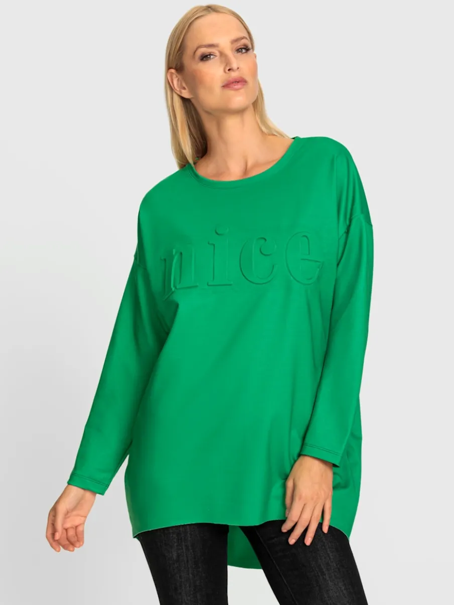 T-shirt long encolure ronde manches longues inscription relief