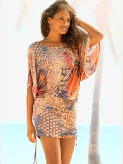 T-shirt long léger à encolure ronde et manches larges avec motifs colorés