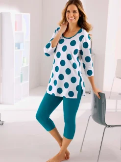 T-shirt long à pois avec encolure ronde et manches three quarter