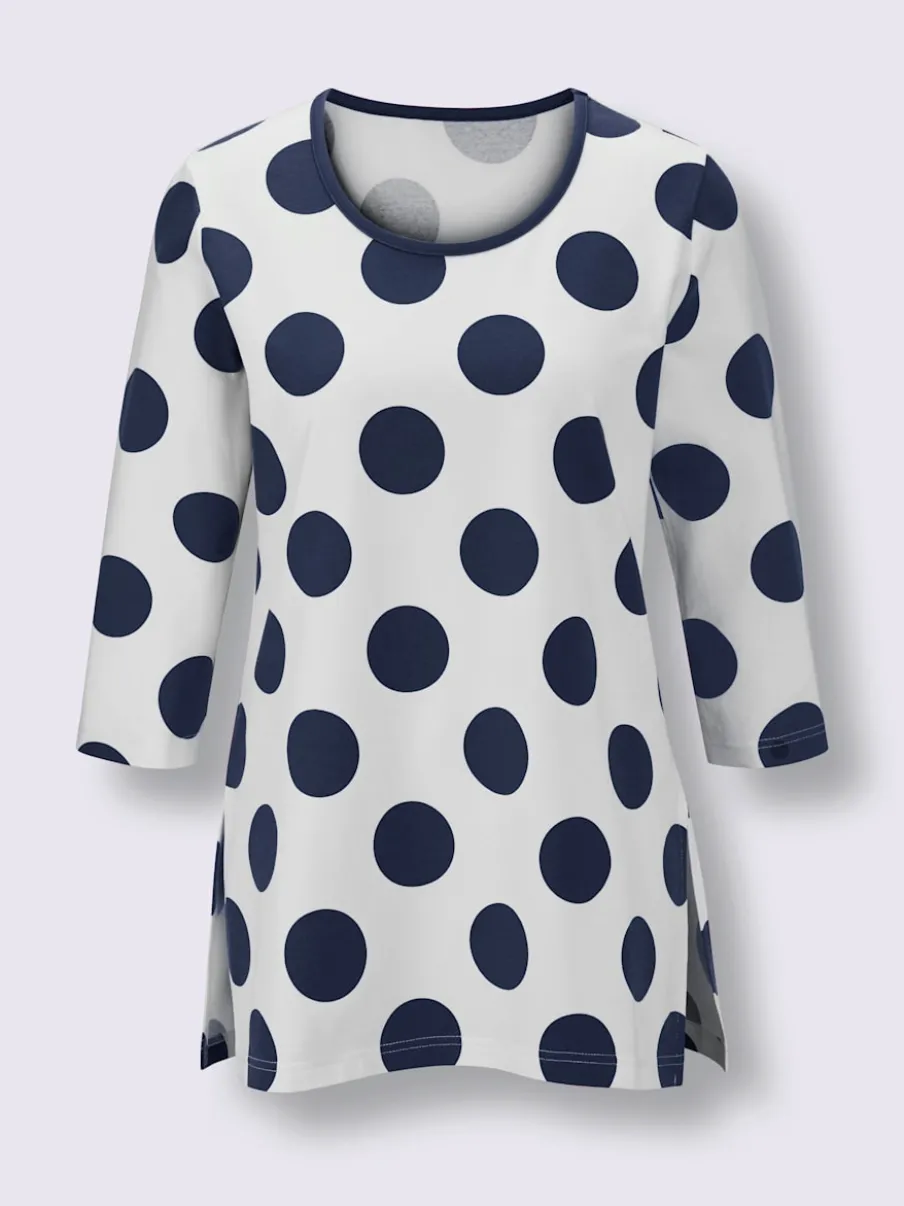 T-shirt long à pois avec encolure ronde et manches three quarter