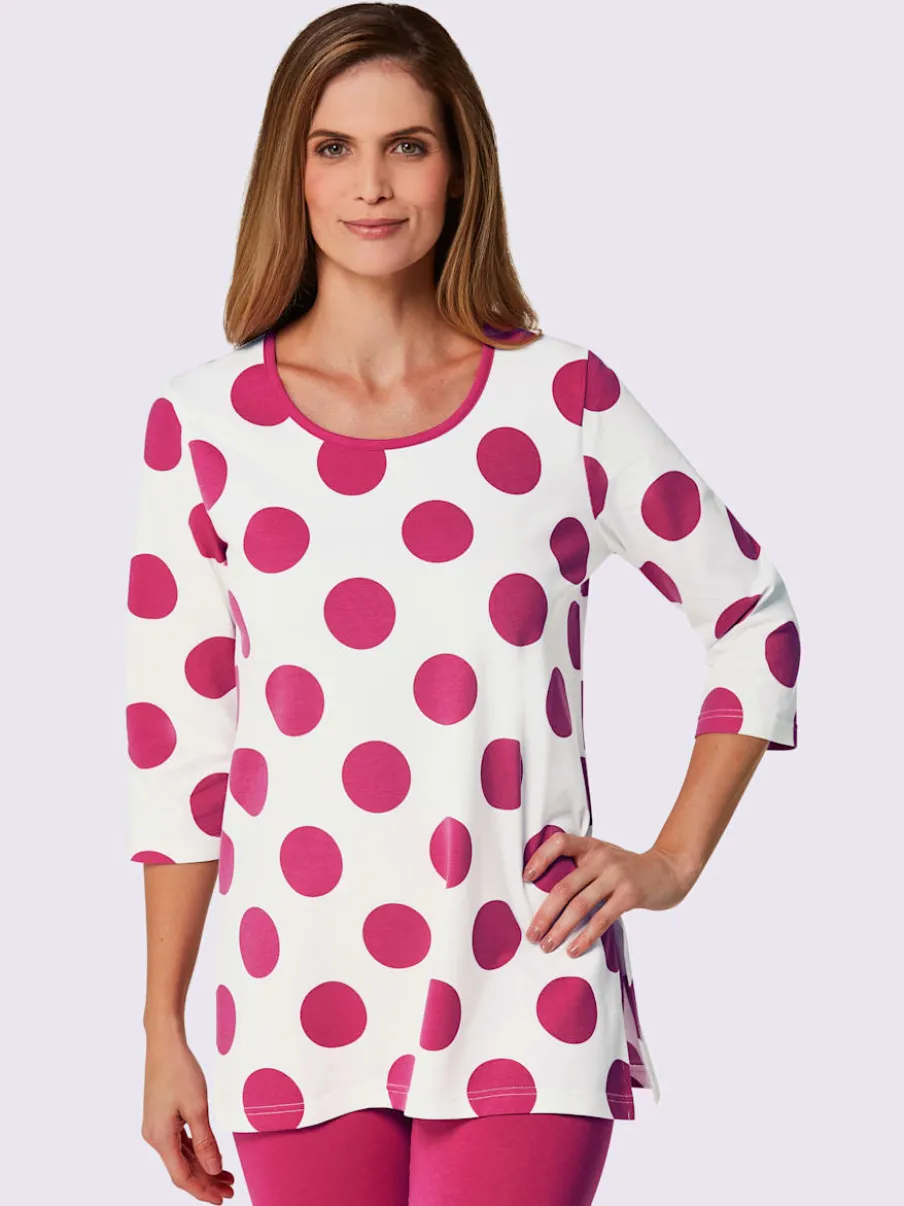T-shirt long à pois avec encolure ronde et manches three quarter