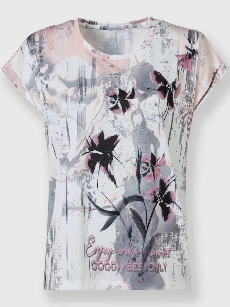 T-shirt à mancherons à imprimé floral fluide et léger