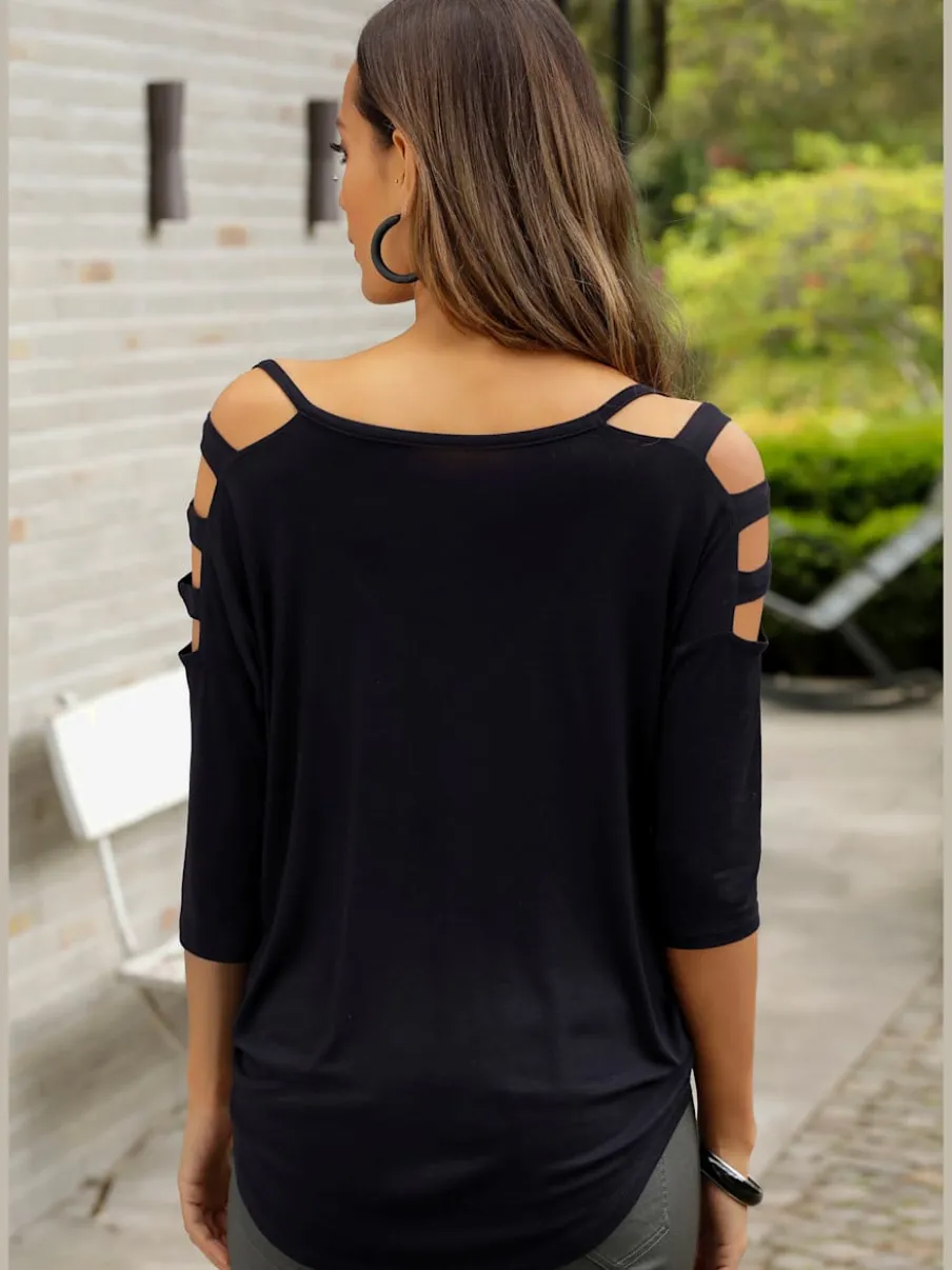 T-shirt à manches 3/4 avec découpes aux épaules et col V