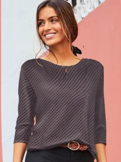 T-shirt à manches 3/4 avec encolure ronde et bouton devant
