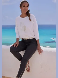 T-shirt à manches 3/4 avec imprimé feuille en viscose douce