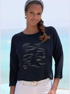 T-shirt à manches 3/4 avec motif en strass et ourlet arrondi