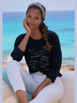 T-shirt à manches 3/4 avec motif en strass et ourlet arrondi