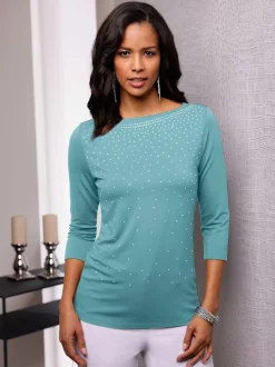 T-shirt à manches 3/4 avec pierres brillantes devant