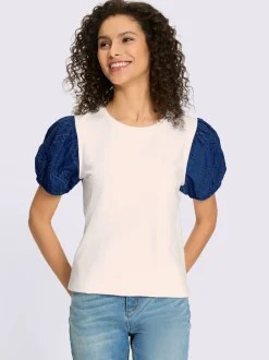 T-shirt à manches bouffantes avec broderie et encolure ronde