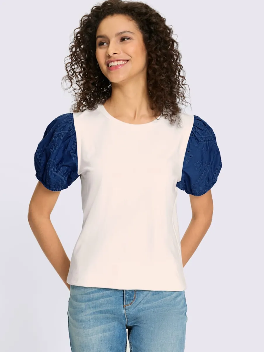 T-shirt à manches bouffantes avec broderie et encolure ronde