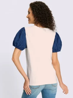 T-shirt à manches bouffantes avec broderie et encolure ronde