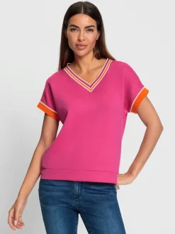 T-shirt à manches courtes avec col V et bordures côtelées contrastées