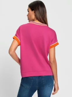 T-shirt à manches courtes avec col V et bordures côtelées contrastées