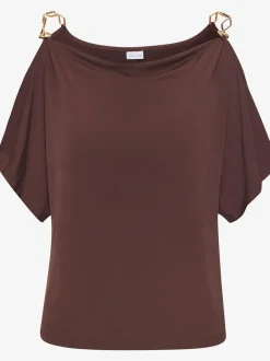 T-shirt à manches courtes avec chaînes dorées et décolleté drapé