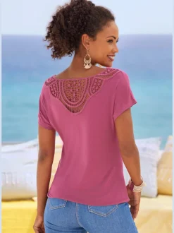 T-shirt à manches courtes avec empiècement en crochet au dos