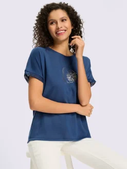 T-shirt à manches courtes avec empiècements en résille et motif floral