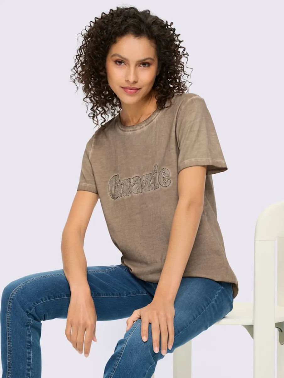 T-shirt à manches courtes avec inscription GRAZIE en coton doux