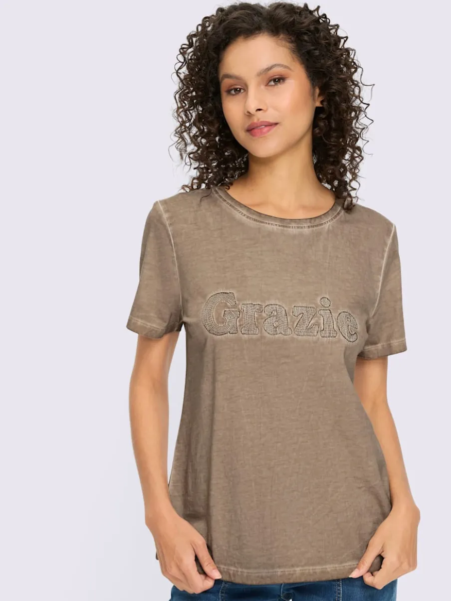 T-shirt à manches courtes avec inscription GRAZIE en coton doux