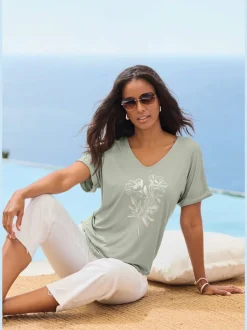 T-shirt à manches courtes avec imprimé feuille en viscose douce