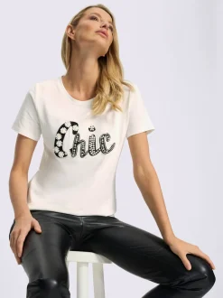T-shirt à manches courtes avec inscription et perles décoratives