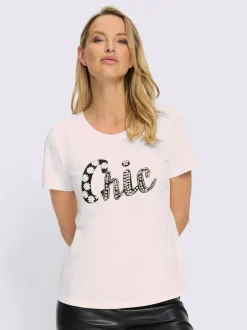 T-shirt à manches courtes avec inscription et perles décoratives