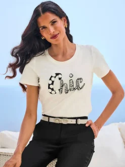 T-shirt à manches courtes avec inscription et perles décoratives
