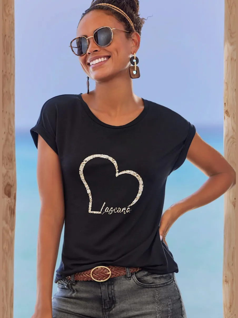 T-shirt à manches courtes avec imprimé cœur et taille élastiquée