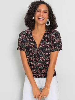 T-shirt à manches courtes avec motif floral et col V