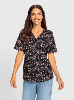 T-shirt à manches courtes avec motif floral et col V