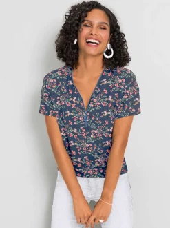 T-shirt à manches courtes avec motif floral et col V