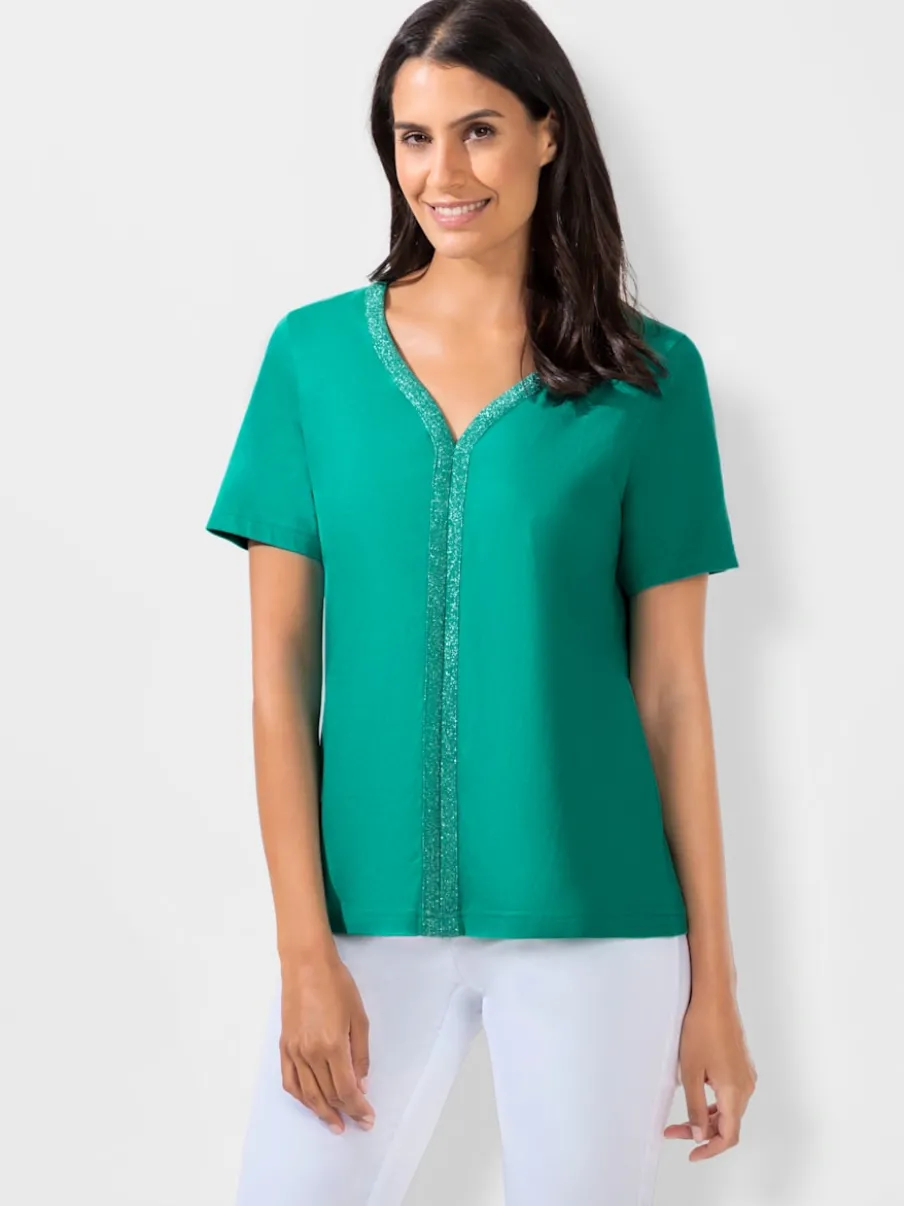T-shirt à manches courtes avec passepoil en V et empiècements floraux