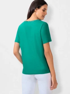T-shirt à manches courtes avec passepoil en V et empiècements floraux
